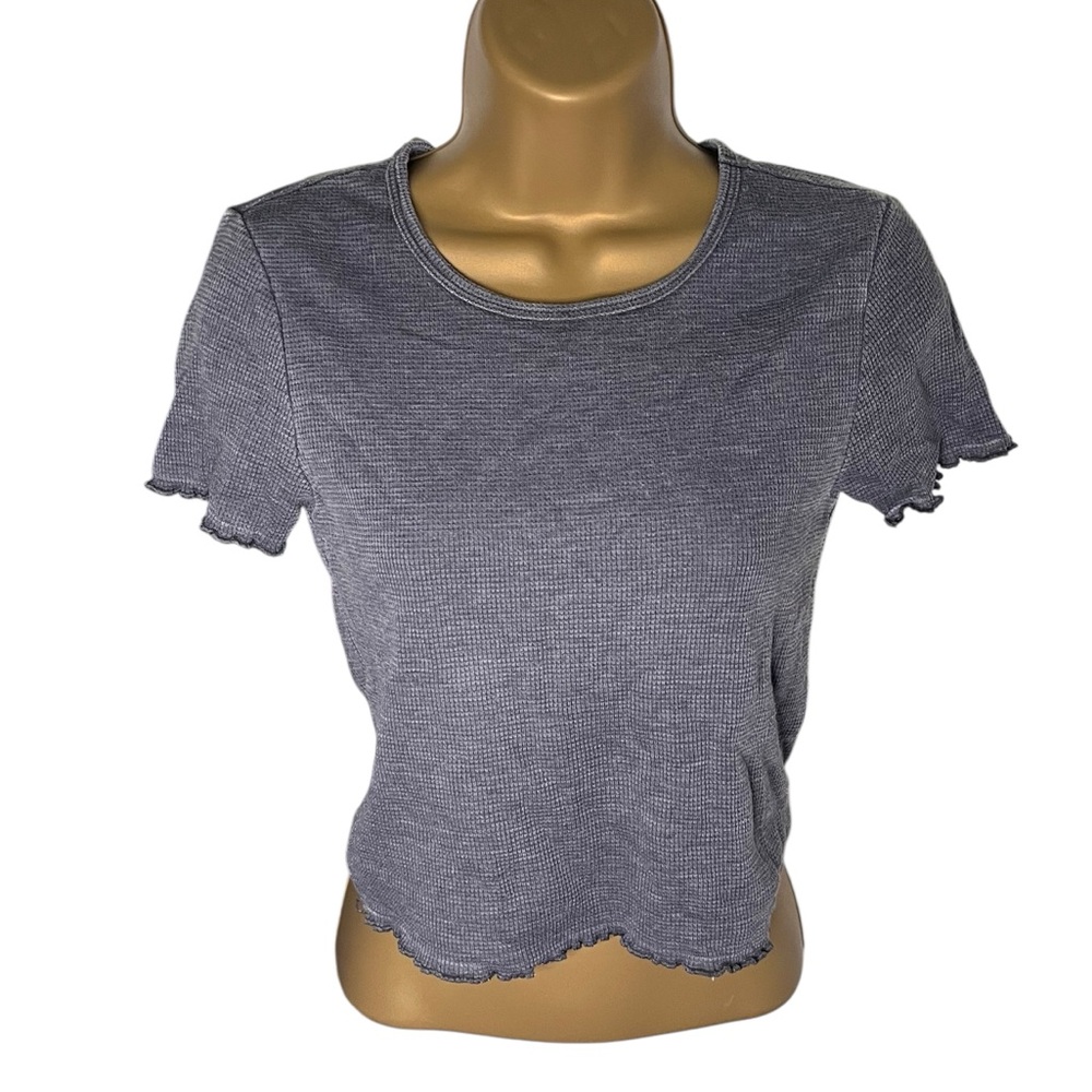 American Eagle Textured Crop Top Tee Lettuce Hem Gray S